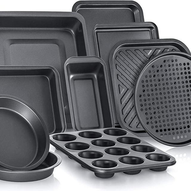 PERLLI 10-Piece Non-Stick Bakeware Set, Includes Oven Crisper, Pizza Tray, Roasting, Loaf, Muffin, Square, 2 Round Cake Baking Pans, Large and Medium Nonstick Cookie Sheet & Microfiber Cleaning Cloth