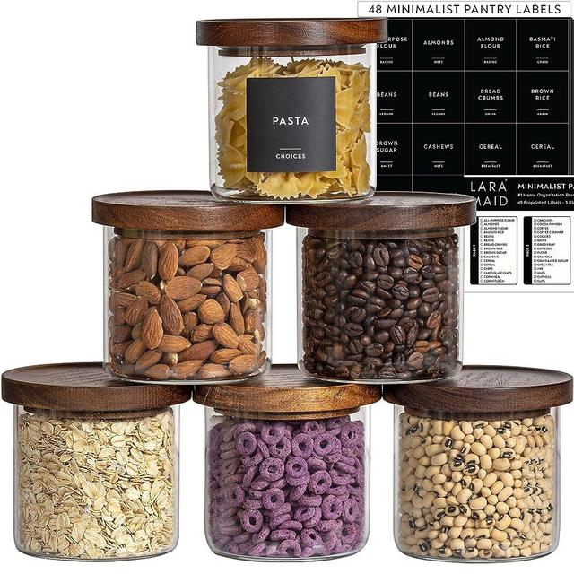 Laramaid 22oz 6Pack Glass Jars Set with Minimalist Pantry Labels, Round Pantry Jars with Brown Acacia Lids and Vinyl Customized Sticker Labels, Food Storage Containers for Home, Kitchen and Pantry