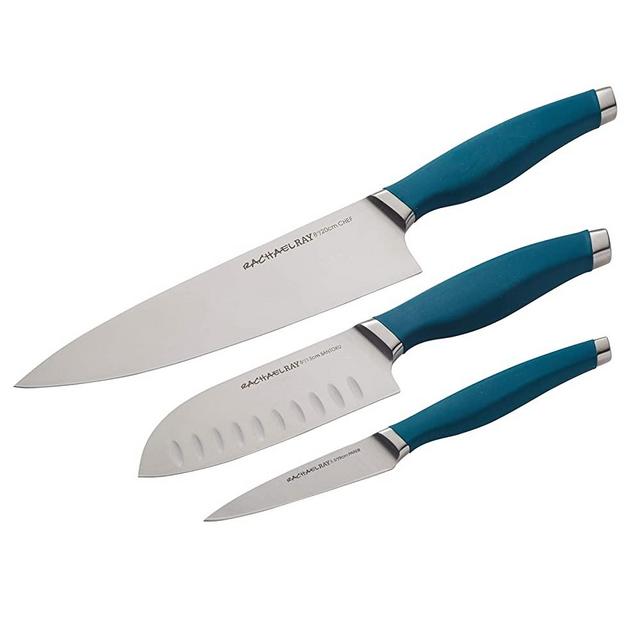 Rachael Ray Cutlery Japanese Stainless Steel Knives Set with Sheaths, 8-Inch Chef Knife, 6-Inch Utility Knife, and 3.5-Inch Paring Knife, Teal