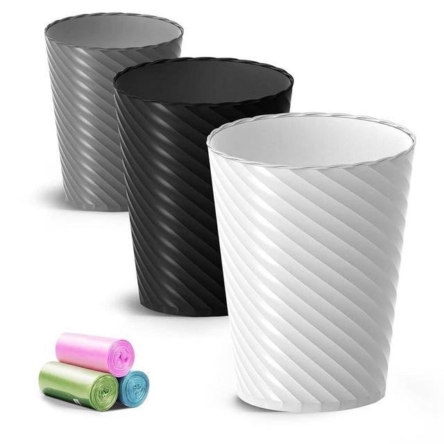 Lysam Bathroom Trash Can, 3 Pack 1.8 Gallons Small Trash Can with Trash Bags, Bathroom Garbage Can, Plastic Trash Bin, Round Waste Basket for Bathroom, Bedroom, Office, Room (White Black Grey)