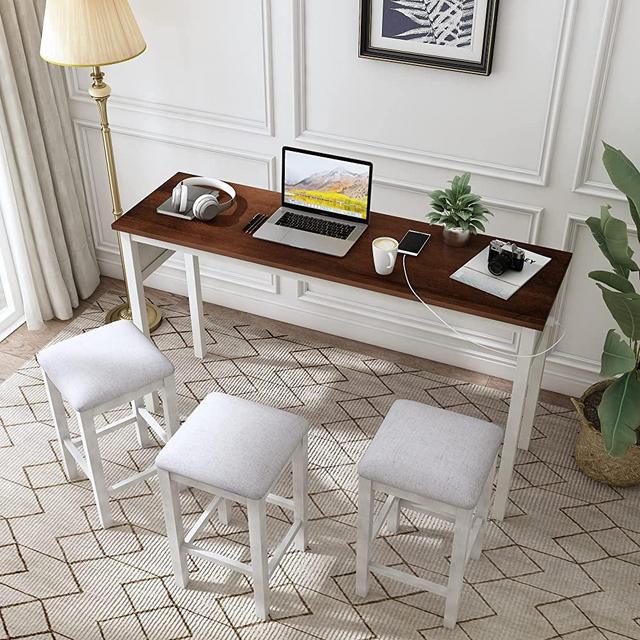 Merax 4-Piece Counter Height Bar Table Set with Socket and Fabric Padded Stools, Rustic Bar Dining Set,Cherry Top + Distressed White Body