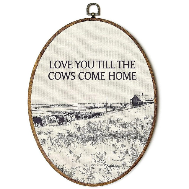 FSTCSV Vintage Western Cow Oval Wall Art Framed, Western Cowboy Cows Canvas Prints Wall Hanging Art, Love You Till The Cows Come Home Oval Walls Decor for Entryway Home Living Room, 8.5x11.5in