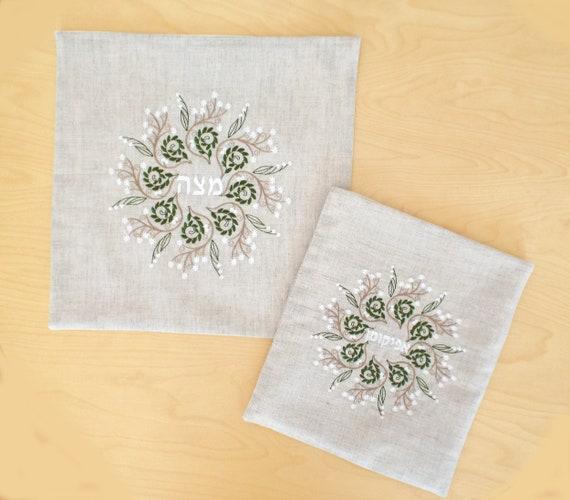 Botanical Matzah cover and Afikoman Bag Set,Natural Linen/Cotton