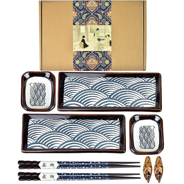 Artcome 8 Piece Japanese Style Ceramic Sushi Plate Dinnerware Set for Wedding Housewarming - 2 Sushi Plates, 2 Sauce Dishes, 2 Pairs of Chopsticks, 2 Chopsticks Holders