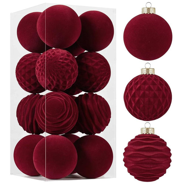 16pcs Velvet Christmas Ball Ornaments -Flocked Shatterproof Christmas Tree Decorations Plastic Xmas Decorative Hanging Ornaments for Xmas Holiday Home Decor,3 Style(Burgundy, 3.15inch)