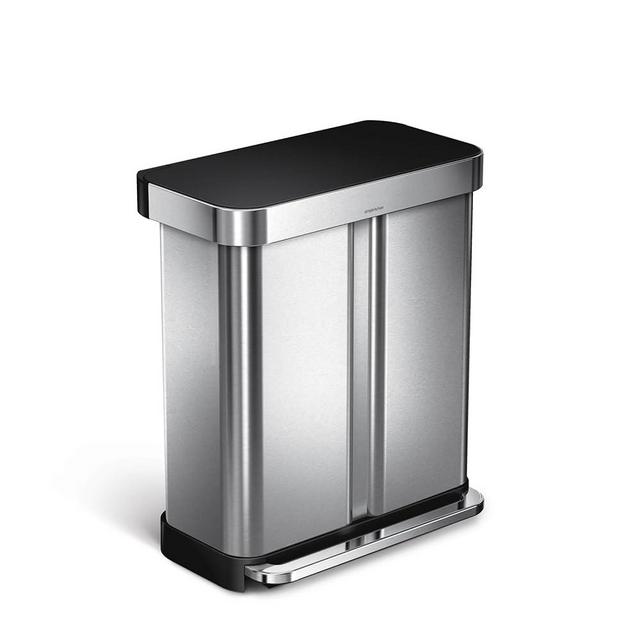 simplehuman 58 Liter / 15.3 Gallon Rectangular Dual Compartment Recycling Kitchen Step Trash Can with Soft-Close Lid, Brushed Stainless Steel with Black Plastic Lid