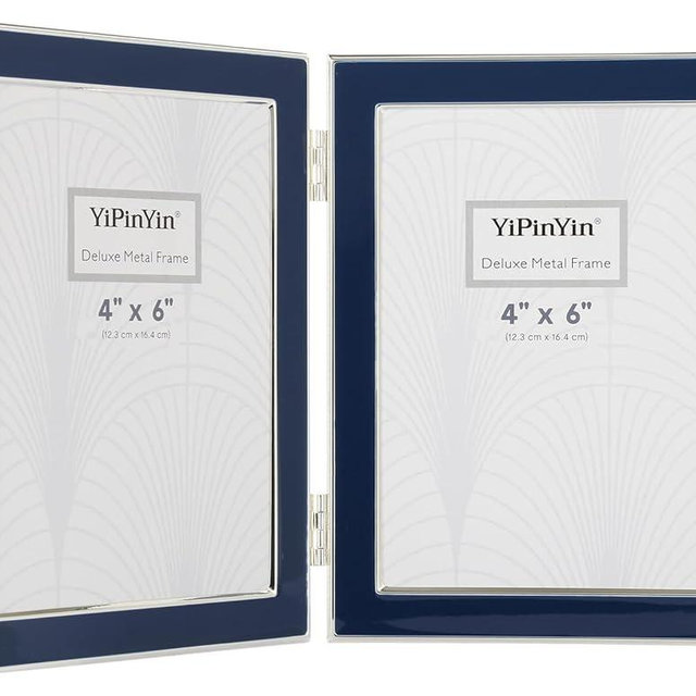 4x6'' Silver Metal Edging double frames With Navy Enamel,Blue Double Photo Frames 6x 4'' Display Your Cherished Photos for Table and Shelf Decor,Home or Gifting Frames (4x6'' Double Blue/Silver)