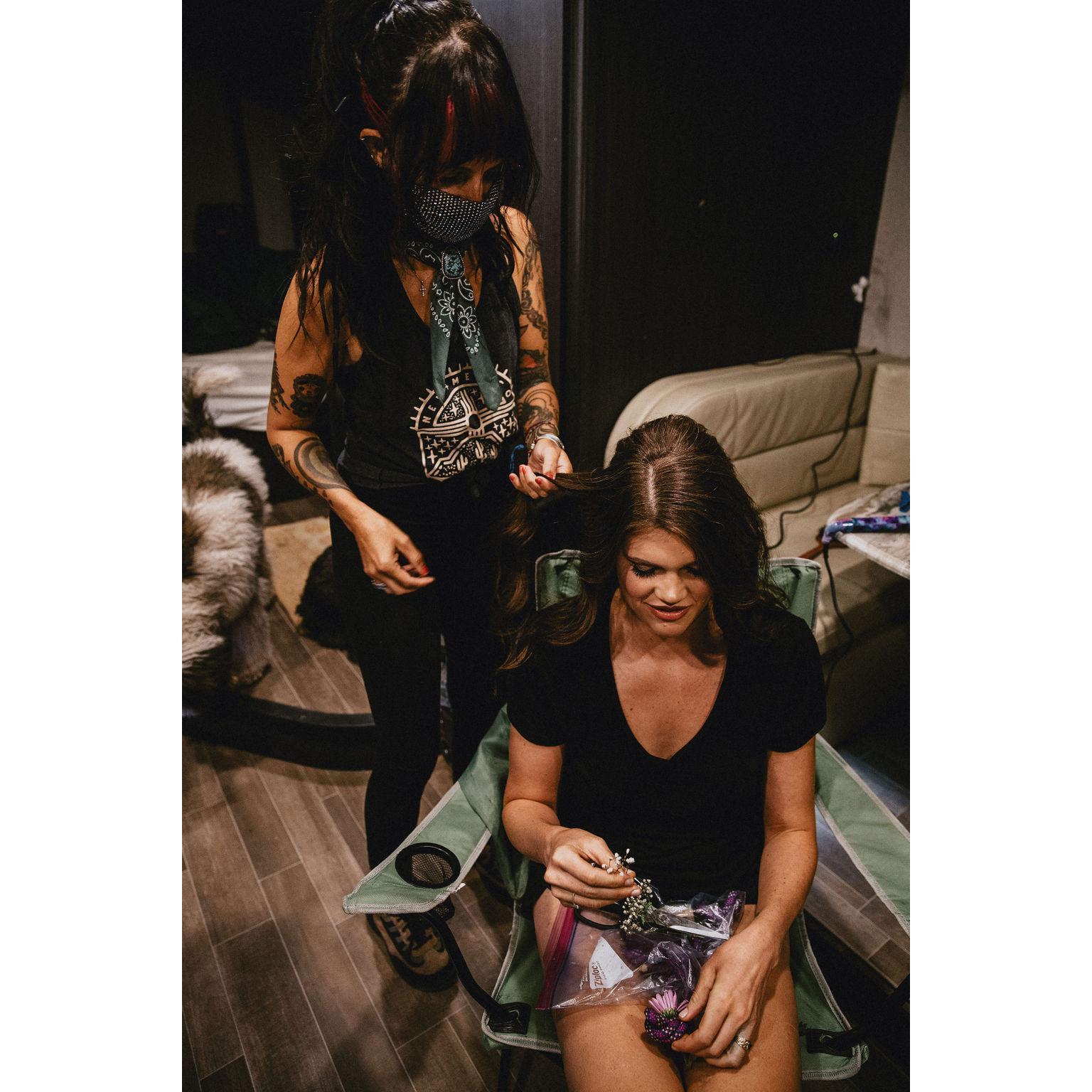 Getting ready in the RV with Genica, the hair and makeup wizardess.
