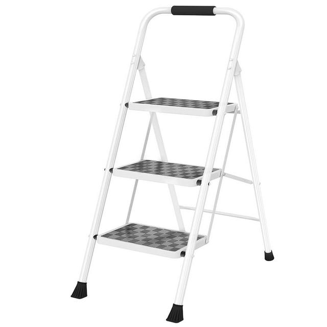 HBTower 3 Step Ladder, 3 Step Stool for Adults, 3 Step Ladder Folding Step Stool with Cushioned Handle,330 lbs Capacity,Step Ladder with Wide Anti-Slip Pedal Ergonomic Design,White
