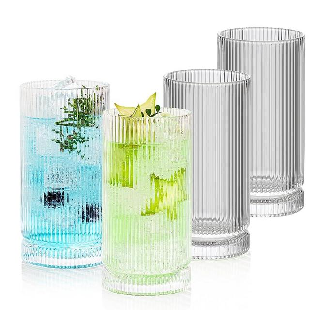 POLIDREAM 16oz Ribbed Glassware, Vintage Drinking Glasses Set of 4, Cocktail Glass Cups, Elegant Tom Collins Glasses, Highball Ribbed Glasses Ideal for Water, Iced Coffee, Juice, Beer, Milk