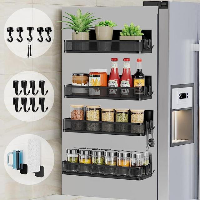 Magnetic Spice Rack,4Pcs Strong Sturdy & Multiple Use, Movable Magnetic Shelf for Refrigerator Kitchen Organization with 2 Paper Towel Holder,5 Magnetic Hooks,8 Removable Hooks, Space Saving Kitchen