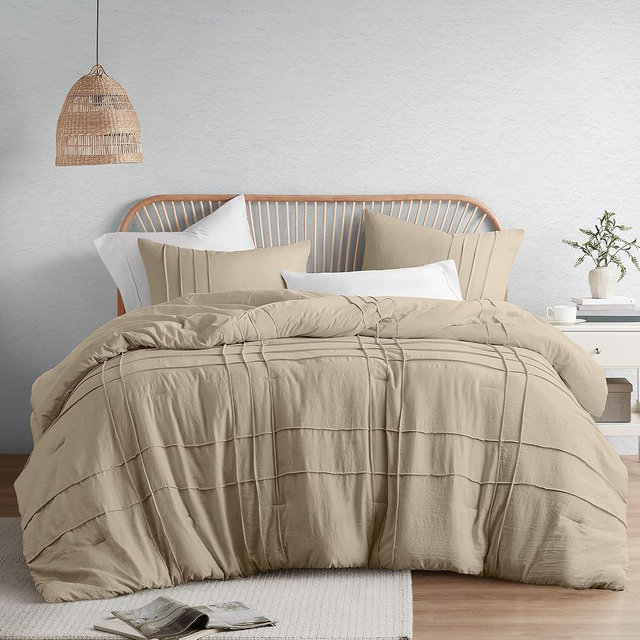 Comfort Spaces Khaki Queen Size Comforter Set - 3 Pieces Pintuck Pleated Bedding Sets Queen, All Season Lightweight, Extra Softness Pre-Washed Microfiber Queen Bed Set, Shams, Queen