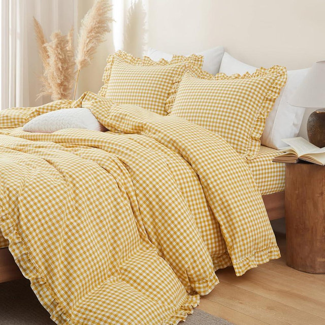 Yvrcen Mustard Yellow Gingham Ruffle Duvet Cover Queen Size 3 Piece Cotton Boho Plaid Comforter Cover, Ruffled Checkered Bedding Set with Zipper Closure & Corner Ties(Comforter Not Included)