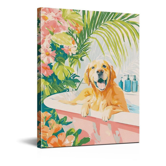 Golden Retriever Bathroom Wall Art Print - Dog in Bath Bathroom Canvas Poster Painting - Matisse Style Wall Decor for Toilet Washroom 8x10 Inch Framed