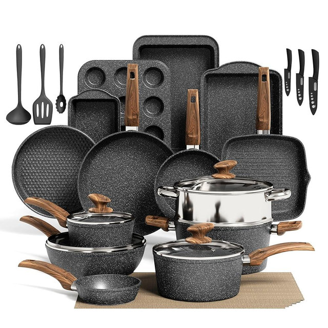 Kitchen Academy 30Pcs Pots and Pans Set Non Stick - Induction Black Cooware Set, Nonstick Granite Cookware and Bakeware Sets, PFOA&PFOS-Free, Non Toxic Healthy Kitchen Cooking Pans Set