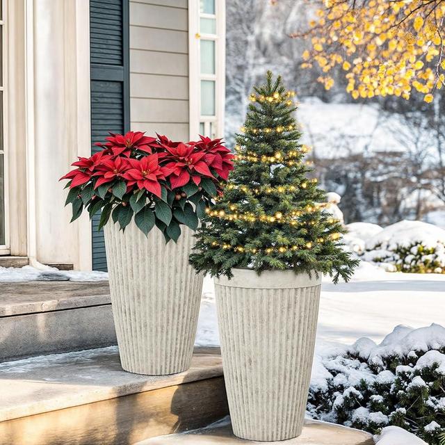 Ultym 20" Resin Tall Planters for Outdoor Plants,Set of 2 Vintage Ivory Large Flower Pots with Handmade Fluted Texture,Heavy-Duty and Weather-Resistant for Porch Christmas Decor,Garden, Patio