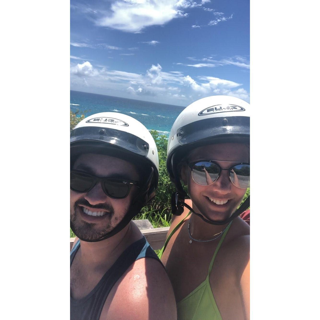 Our first trip out of the US- we went to Bermuda and rented a motor-scooter! B drove, I provided the singing :)