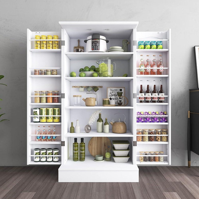 kepptory Kitchen Pantry Cabinet, Pantry Storage Cabinet with Adjustable Shelves and Drawer, Sideboard Buffet Cupboards Storage Shelf for Home Office Use (White, 16" D x 24" W x 47" H)