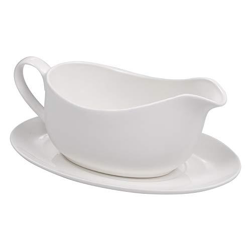 LANXIM 17 oz Porcelain Gravy Sauce Boat with Ceramic Tray, Easy-Pour White Gravy Boat with Saucer Stand for Salad Dressings, Milk,Broth, CreamerMicrowave & Dishwasher Safe