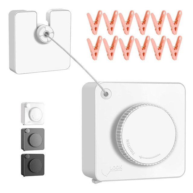 SIWUKEH 15.7Ft Retractable Clothesline Indoor is Also an Anti-sag Retractable Clothesline Outdoor,Stainless Steel Wire Laundry line Retractable for Drying Clothes ，with 12 Clip (White)