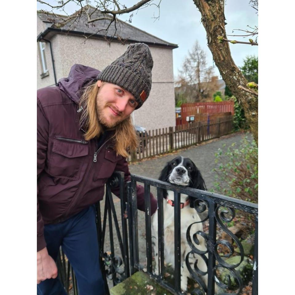 Michael and Willow: Our favorite dog on the 'escape from lock down and dissertation' walk. Capable of emotional blackmail if no petting