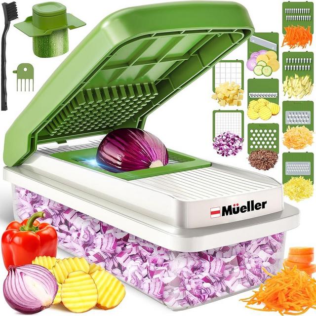 Mueller 9 Blade Vegetable Chopper, Food Chopper with Container, Salad Chopper, Cucumber Slicer, Veggie Chopper, Onion Chopper Vegetable Cutter, Dicer, Kitchen Essentials, White Sand/Green
