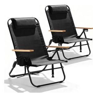2 Pack Premium 5-Position Reclining Camping Chair - Portable Folding Lightweight Outdoor Chair with Wooden Armrests, Headrest & Pockets, 350lbs Heavy Duty for Beach, Patio, Backyard, Black