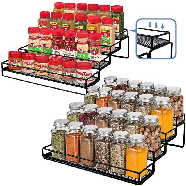 IFELS Spice Rack Organizer for Cabinet, 4 Tier Seasoning Organizer, Expandable Spice Rack Shelf,Step Spice Storage Holder, for Kitchen Cabinet Countertop,with Protection Railing, Metal (Black,2 PC)