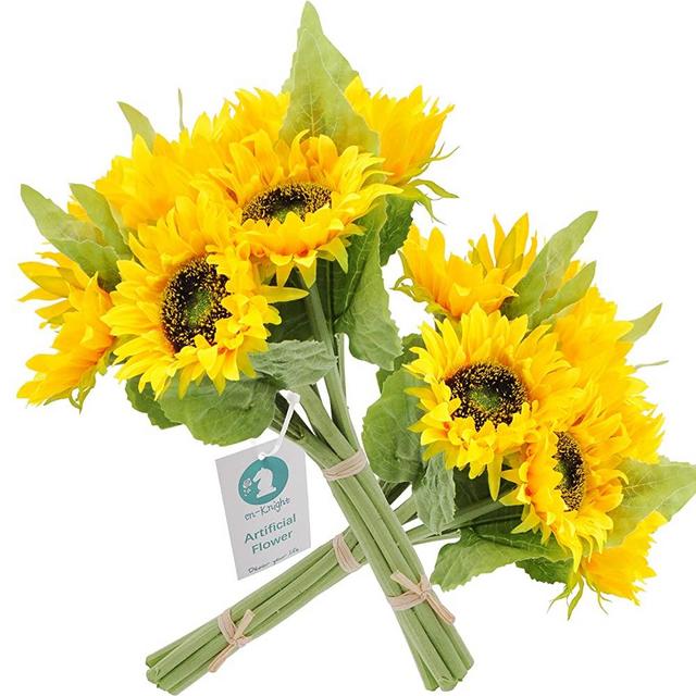 cn-Knight Artificial Flowers 2pcs 14'' Sunflower Bouquets with 7pcs Silk Flowers for Wedding Bridal Bouquet Bridesmaid Home Decor Housewarming Gift Centerpieces Office Baby Shower Reception(Yellow)
