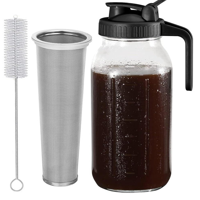 Glyntrof Cold Brew Coffee Maker Pitcher, Black 64 Oz Heavy Duty Wide Mouth Glass Mason Jar pour spout Lid with Stainless Steel Filter for Iced Coffee, Ice Drinks