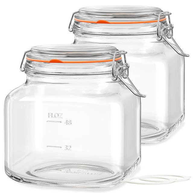 81oz Glass Jars with Airtight Lid, 2 Pack Glass Food Storage Jars with 2 Scale Marks, Square Glass Canisters for Flour, Cereal, Coffee, Pasta, Cookies, Pickle, 0.6 Gallon Wide Mouth Mason Jars