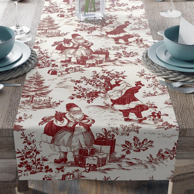 Red Toile Christmas Table Runner: Vintage Pine Tree Holiday Decor