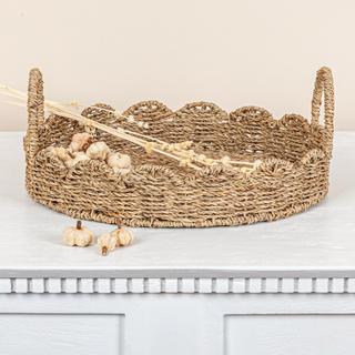 Handwoven Seagrass Tray with Scalloped Edge & Handles
