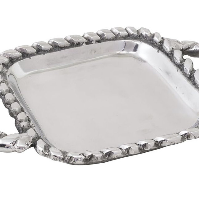 Boston International Trays Aluminum Platter with Rope Edging and Handles, Mini, Silver