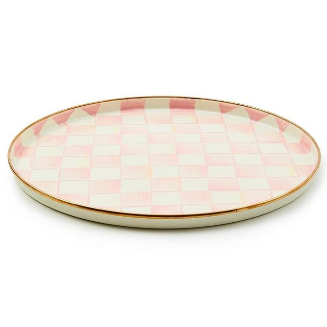 MACKENZIE-CHILDS Enamel Round Tray, Unique Serving Platter for Food and Drinks, Pink-and-White Rosy Check