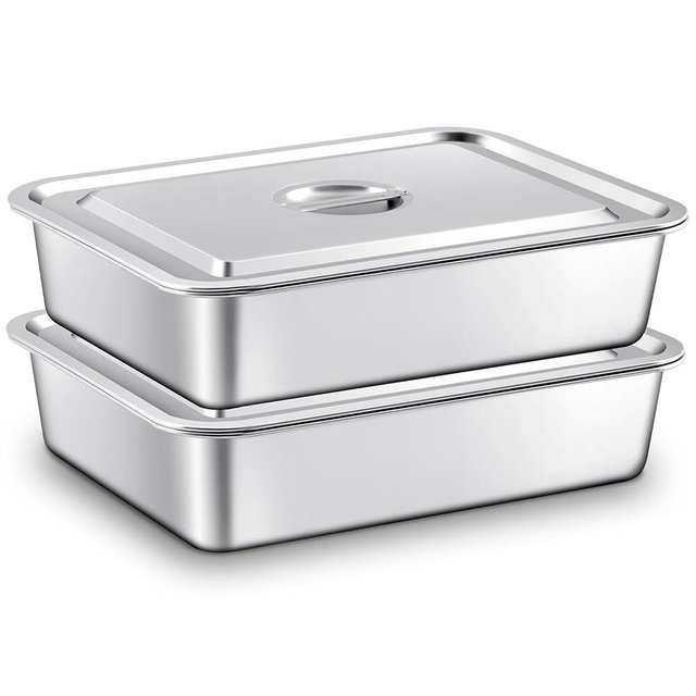 Tiangrid 2 Pcs Stainless Steel Bus Tubs with Lid 13 L Commercial Tote Box 4" Deep Food Grade Meat Processing Tubs Lug Dishwashing Utility Prep Tub Table Pans, Silver (17.7 x 13.7 Inch)