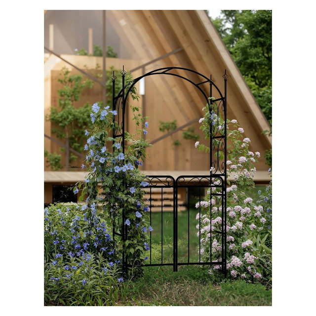8 FT Metal Garden Arch with Gate, Elegant Wedding Arch for Ceremony Decor, Steel Arbor Trellis for Patio, Lawn, and Backyard, Black