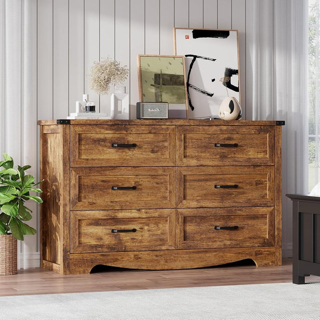 Thacuok 6 Drawer Wood Dresser for Bedroom – 47" Wide Modern Chest with Natural Wood Texture, TV Stand & Storage, Metal Corner Brackets, Wood Drawer Organizer for Living Room, Hallway