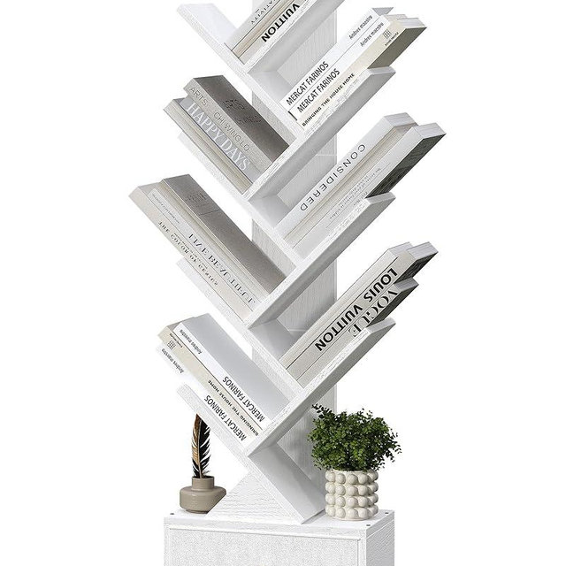 Yzosvki 9 Tier Tree Book Shelf with Drawer, Floor Standing Bookshelf Storage Organizer Bookshelves for Books/CDs, 9 Shelf Narrow Bookcase for Sturdy Room, Bedroom, Living Room, Relief White