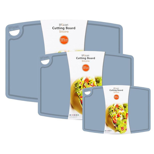 Liflicon Silicone Thick Cutting Boards Mats Set of 3 Foldable & Flexible Design Juice Grooves Easy Grip Handle Dishwasher Safe for Kitchen,BPA free Silicone Cutting Board-Light Blue