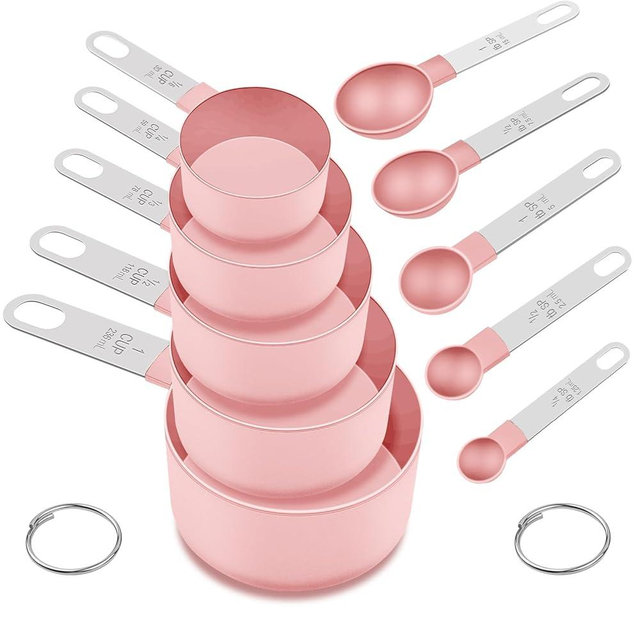 Measuring Cups and Spoons Set, 10 Pieces Nesting Measure Cups and Spoons, Kitchen Essentials Gadgets with Stainless Steel Handle for Dry & Liquid Ingredient, Pink