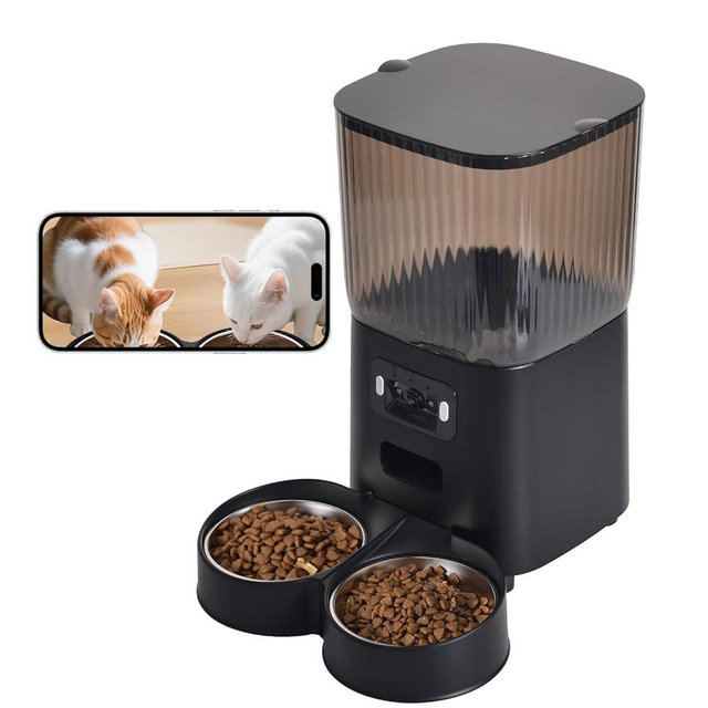 Junbec-Pet Automatic Cat Feeder, Camera Auto 2 Cats Dispenser 5L Microchip WiFi 2.4G&5G Timed Dual Pet Smart APP Dry Food Self Feeding Container Station (Black)