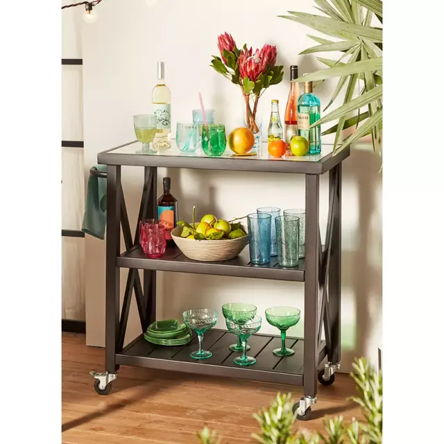 W Home™ Stonington Tile-Top Steel Patio Bar Cart in Black