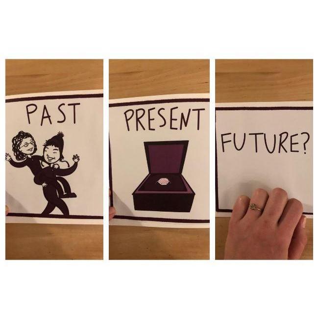 November 2019: Alex surprised Emie with this proposal on our 7th anniversary after a date night at our favorite sushi bar.