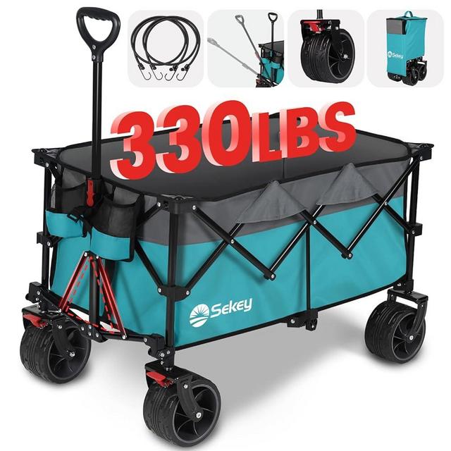 Sekey 220L Collapsible Foldable Wagon with 330lbs Weight Capacity, Heavy Duty Folding Utility Garden Cart with Big All-Terrain Beach Wheels & Drink Holders.Turquoise