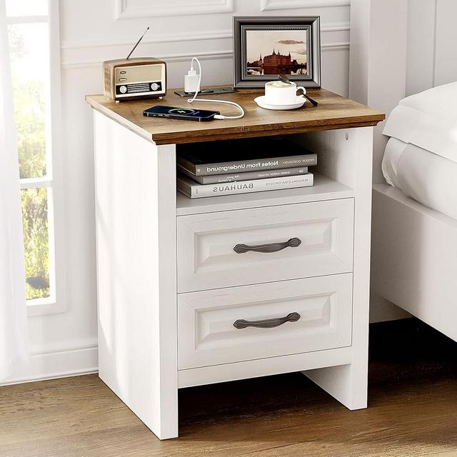Pipishell Night Stand with Charging Station, Farmhouse Bedside Table with 2 Drawers and Open Storage, Rustic End Table with AC Outlets & Type-C Ports for Bedroom, White & Brown
