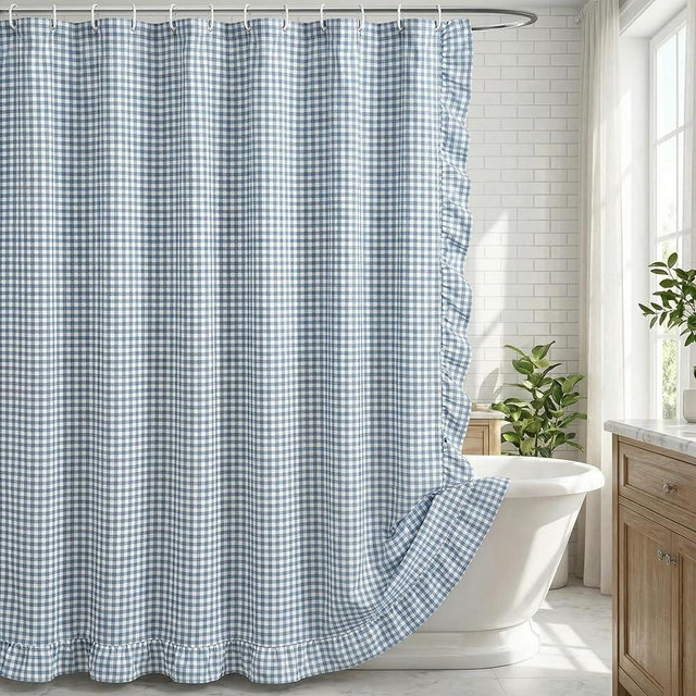 HunnmingRe Gingham Ruffled Cotton Shower Curtain 72 x 72 Inch Vintage Plaid Farmhouse Rural Bathroom Checkered Shower Curtain with 12 Hooks & Ruffles for Bathroom Bathtubs Decor(Dust Blue)