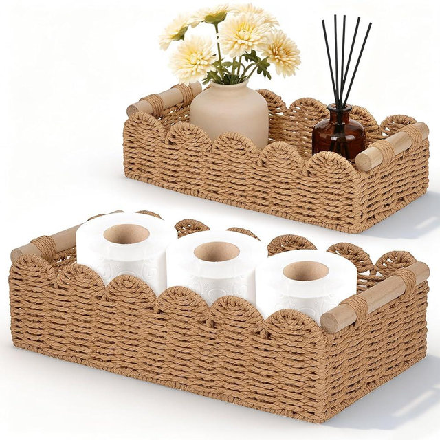 Set of 2 Paper Rope Scalloped Edge Decor Baskets, Small Storage Basket and Toilet Paper Basket for Toilet Paper Storage, Bathroom, Living room, Bedroom & More, 2 Wooden Handles, Neutral