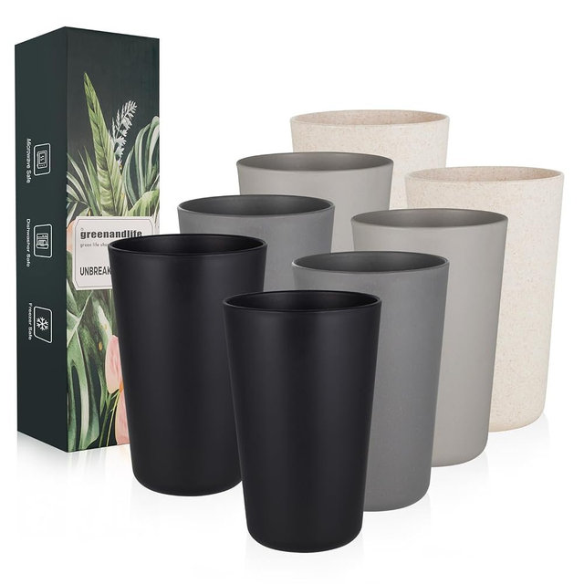 greenandlife Premium Wheat Straw Cups 20 oz Set of 8 Alternative to Plastic Cups Reusable Unbreakable Drinking Cup Dishwasher Safe Water Glasses Tumblers, Grey and Black