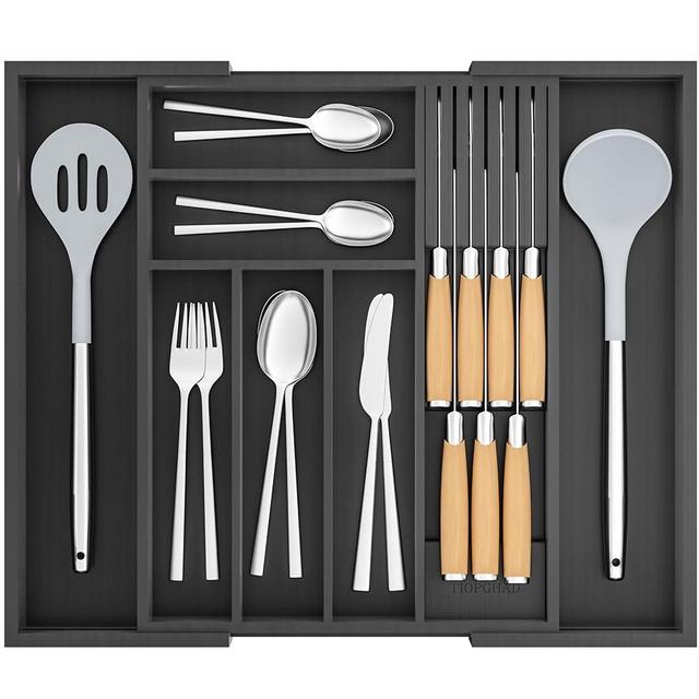 Bamboo-Silverware-Drawer-Organizer-Kitchen, Expandable Utensil Holder Cutlery Tray Flatware Organization Adjustable Wood Tableware Dividers Storage (with Removable Knife Block)(Black)